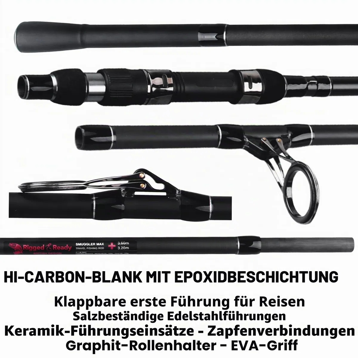 Rigged and Ready S Series Travel Fishing Rods. 2 Powerful Big Fish Predator-Carp-Surf Rods + 1 Combo + 2 Tips/cast Weights + Case. Travelling Angling in Fresh and Saltwater Fist to 15kg (33lb)