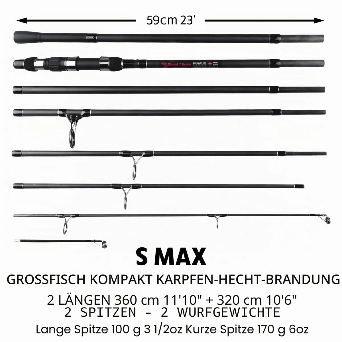 Rigged and Ready S Series Travel Fishing Rods. 2 Powerful Big Fish Predator-Carp-Surf Rods + 1 Combo + 2 Tips/cast Weights + Case. Travelling Angling in Fresh and Saltwater Fist to 15kg (33lb)