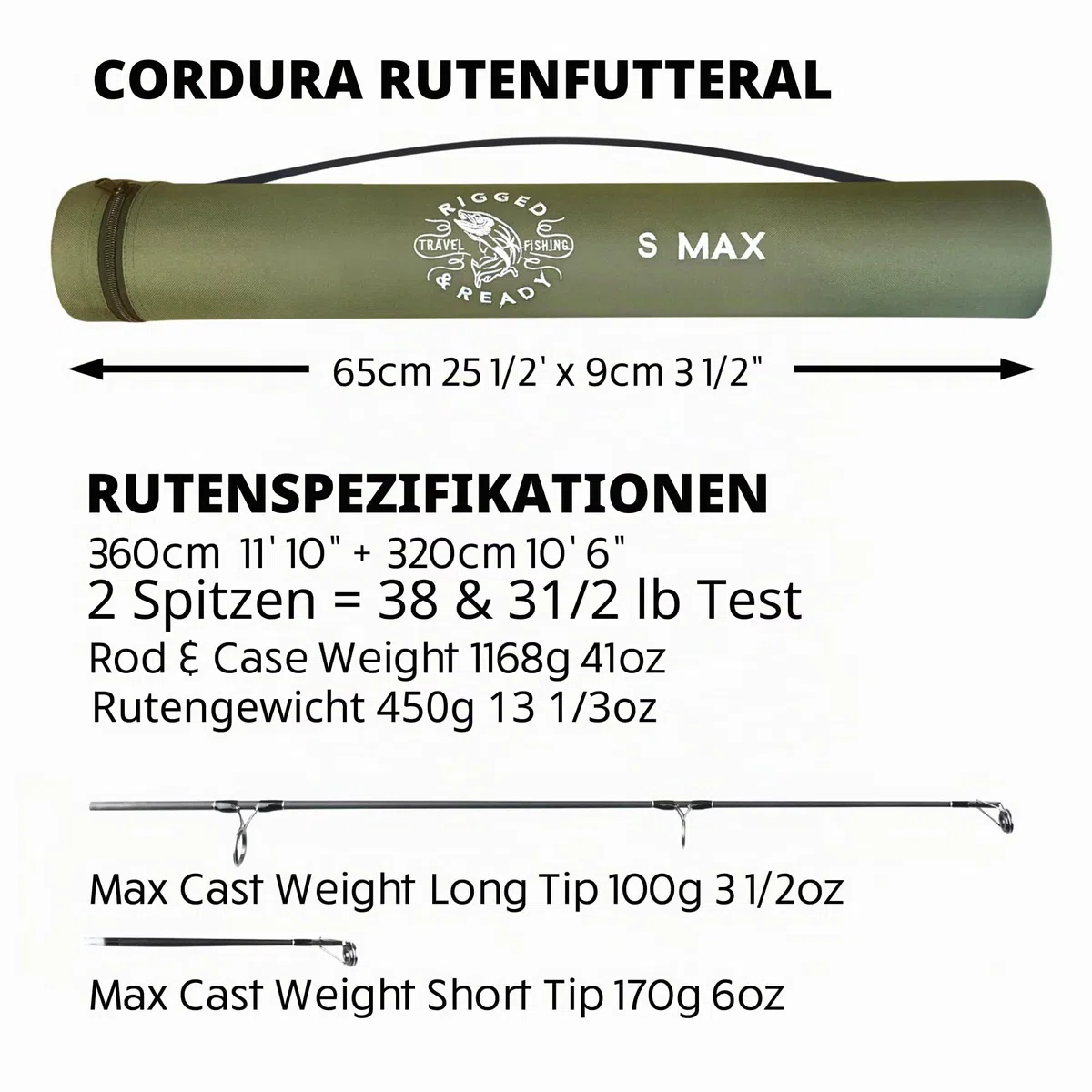 Rigged and Ready S Series Travel Fishing Rods. 2 Powerful Big Fish Predator-Carp-Surf Rods + 1 Combo + 2 Tips/cast Weights + Case. Travelling Angling in Fresh and Saltwater Fist to 15kg (33lb)